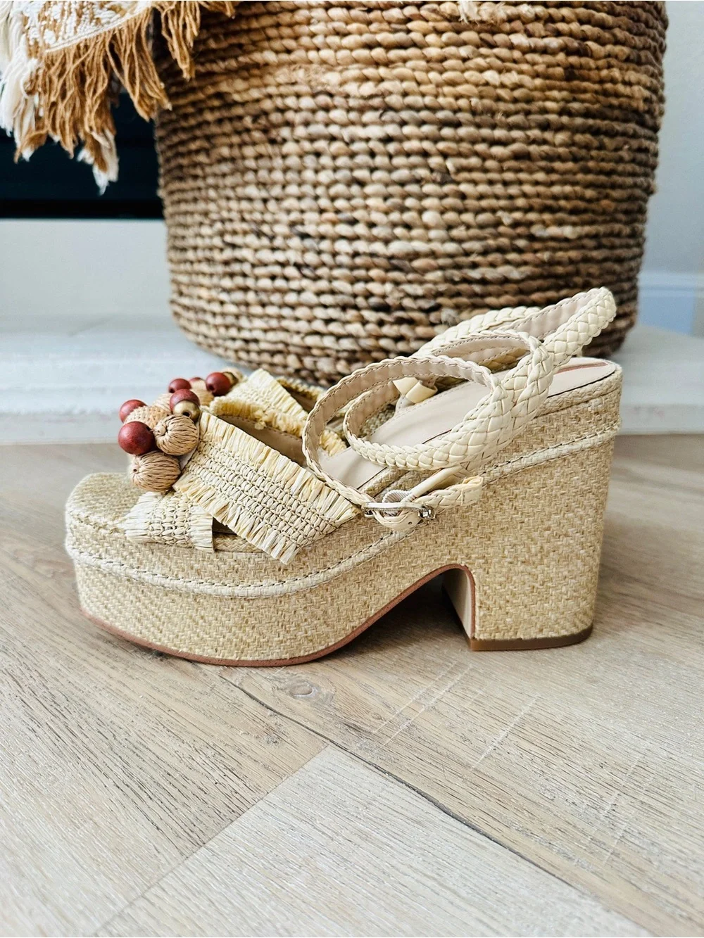 Sam Edelman Tate Woven Natural Raffia Beaded Platform Sandals